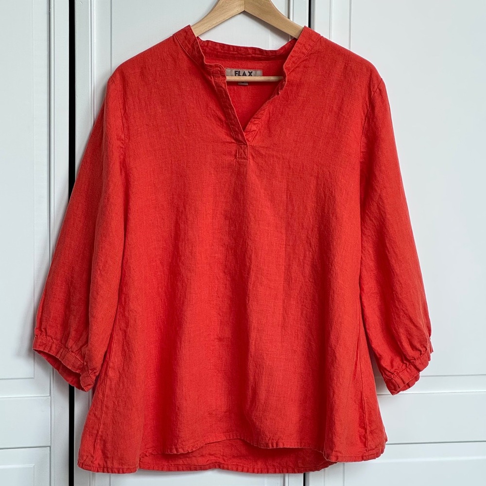 FLAX Womens 100% Linen Split Neck Tunic Top Orange Coral 3/4 Sleeve Size S